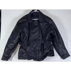 Vintage 90s Black Cafe Racer Motorcycle Jacket with Liner By Unik Large - XLarge